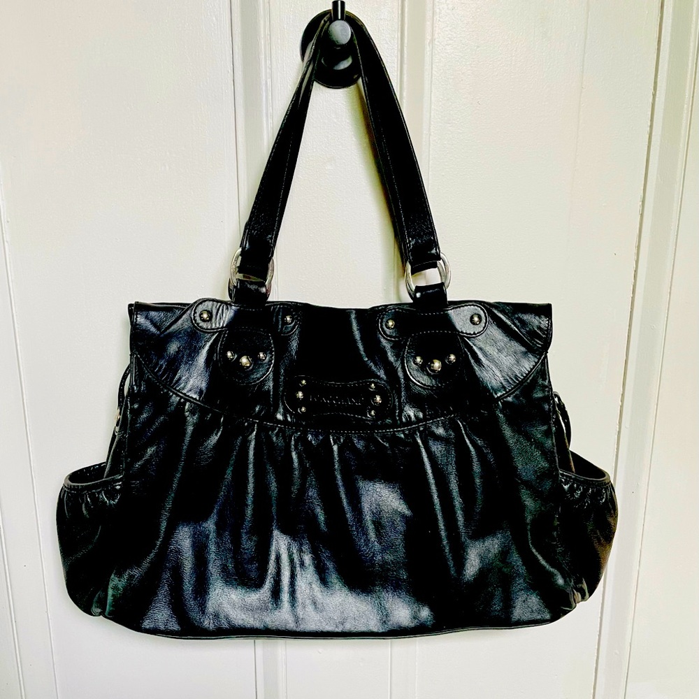 Longchamp Black Leather Handbag Purse Baguette Studded Hobo Shoulder Bag